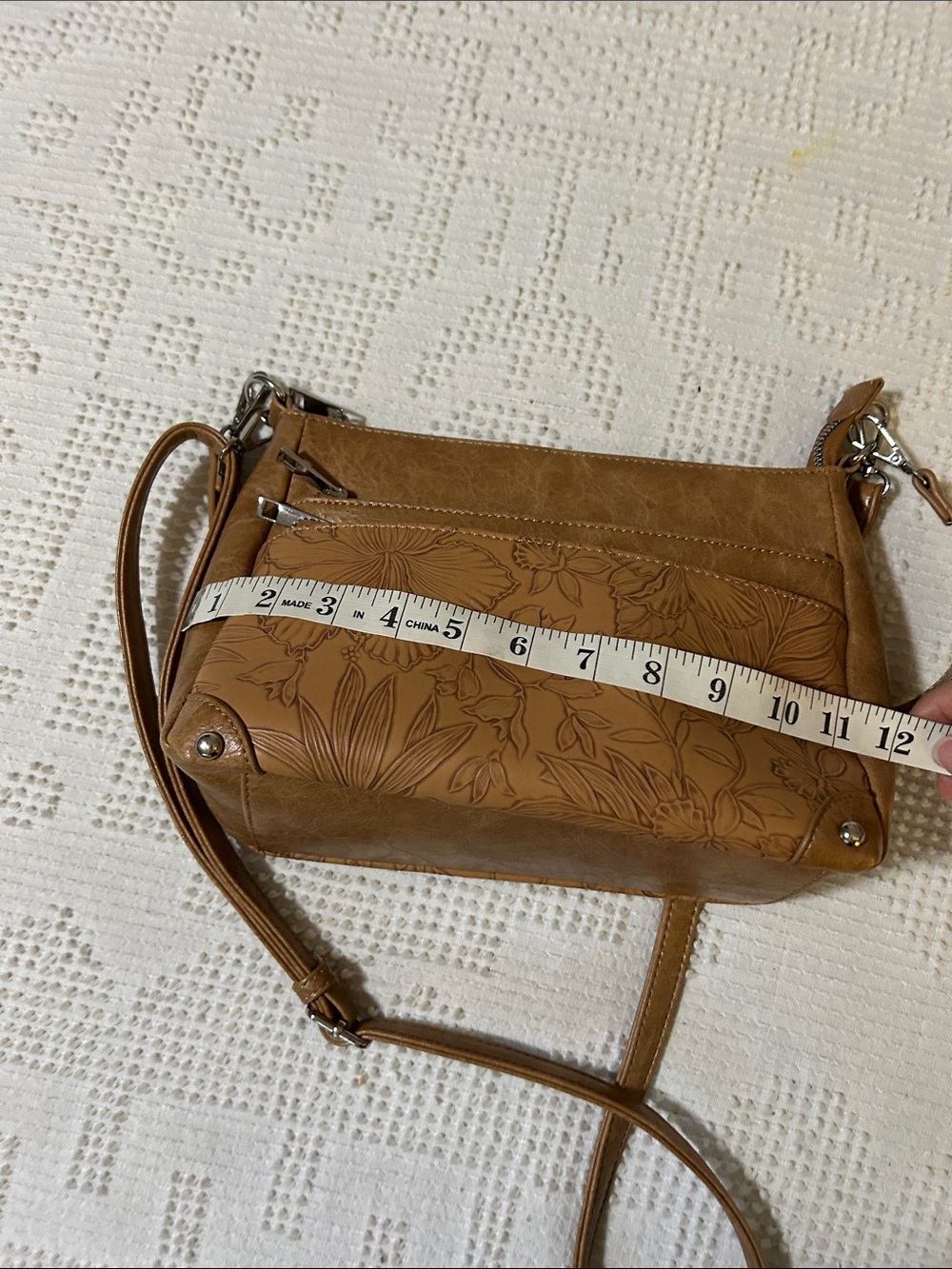 Alyssa Tan Floral Embossed Crossbody Shoulder Bag - Vegan Leather - Picture 6 of 8